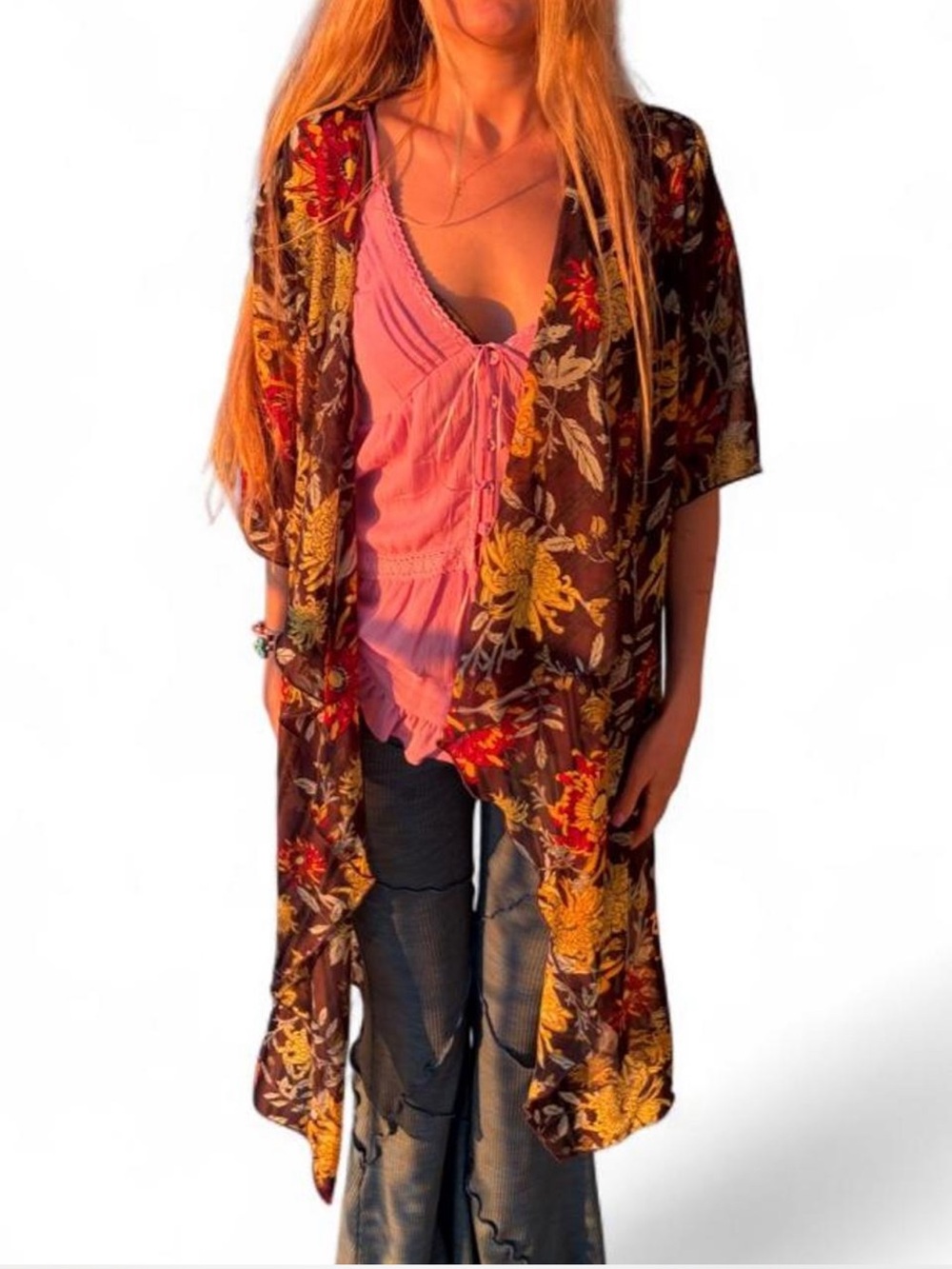 Boho summer sheer floral shabby chic kimono cardigan S
